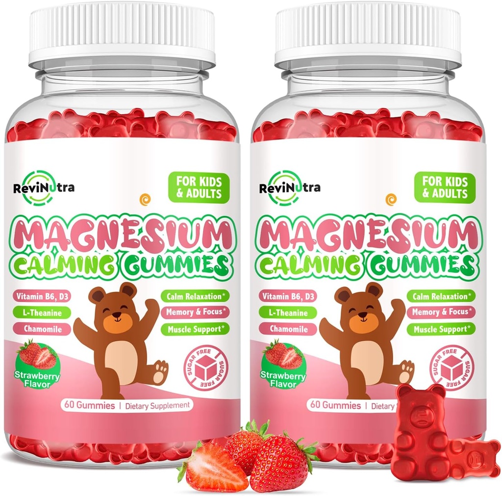 Kids Magnesium Glycinate Gummies, Magnesium Supplement with L-Theanine, Vitamin B6, D3 for Kids & Adults, Calm Magnesium for Sleep Relaxation,Brain,Bones,Sugar Free Strawberry 120ct
