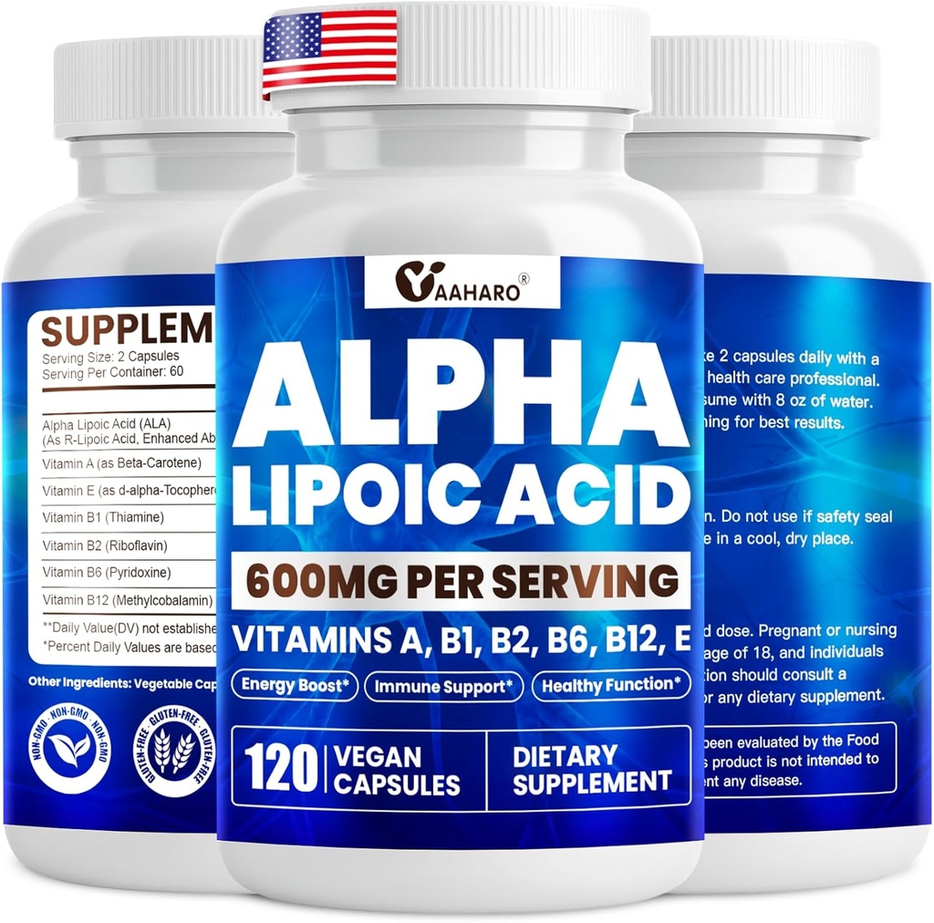 Acide alpha lipoïque 600mg, supplément ALA pour stimuler l'énergie, soutien immunitaire, fonction saine et absorption accrue, acide lipoïque R-Alpha avec des vitamines essentielles, 120 capsules