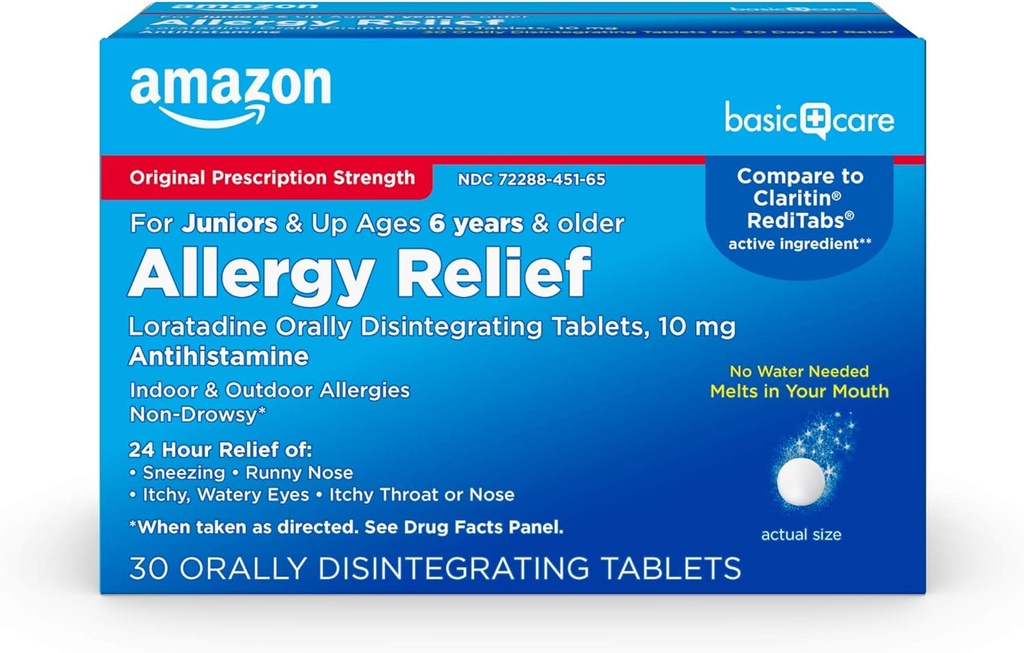 Soins de base 24 heures sur 24 pour les enfants Allergie Médecine, Loratadine Comprimés de désintégration orale, 10 mg, Antihistamine, 6 ans et plus, 30 ans