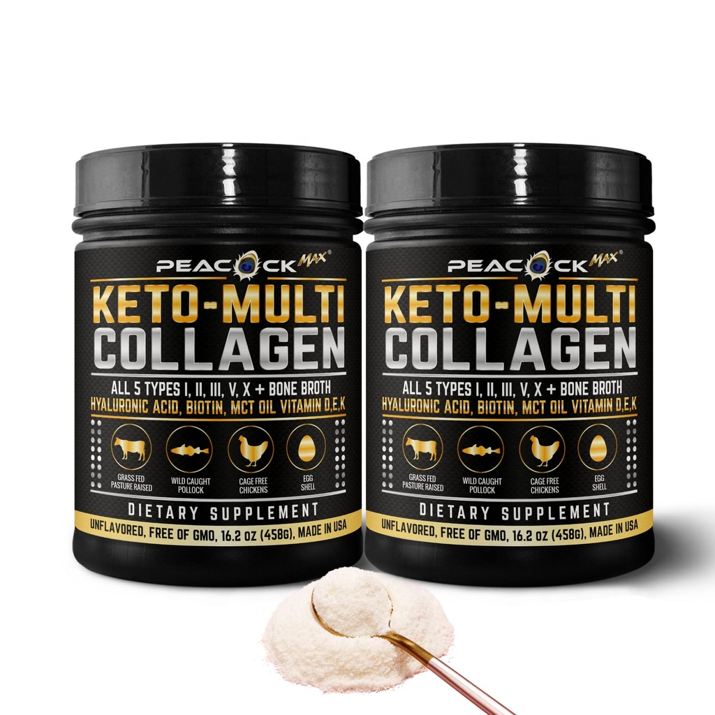 Keto Multi Collagen Peptides 16,2 oz, Paquet de 2 - Poudre de protéines désossées, 5 types de collagène hydrolysé, huile MCT, poudre de protéines non aromatisée pour la santé des articulations, de la peau, des cheveux et des intestins