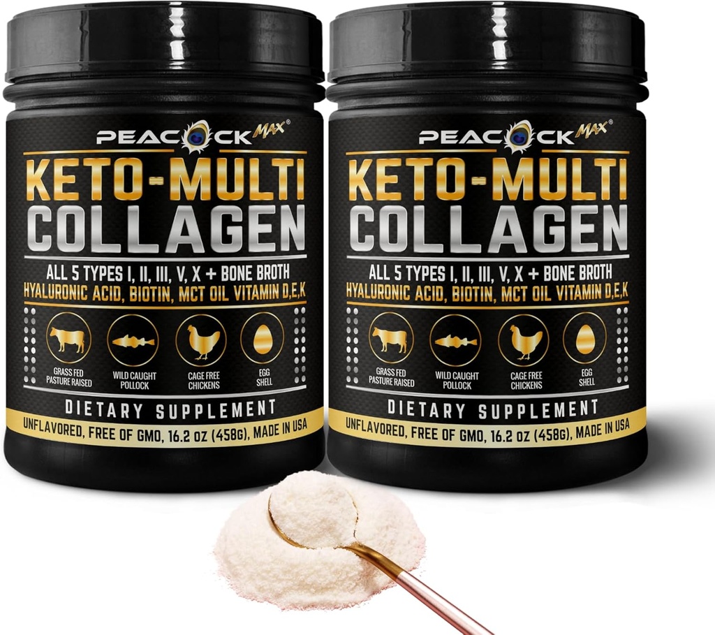Keto Multi Collagen Peptides 16,2 oz, Paquet de 2 - Poudre de protéines désossées, 5 types de collagène hydrolysé, huile MCT, poudre de protéines non aromatisée pour la santé des articulations, de la peau, des cheveux et des intestins
