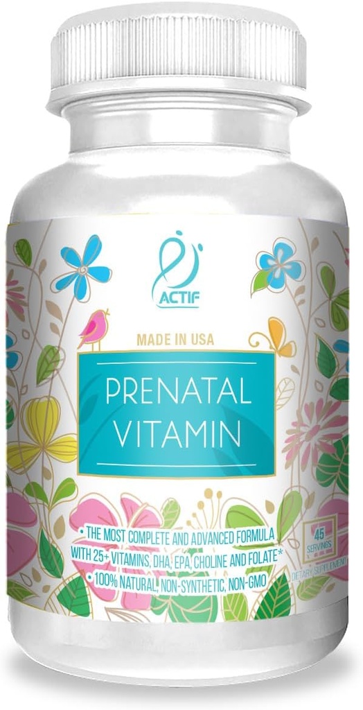 ACTIF Vitamine prénatale biologique avec 20+ Vitamines, Oméga-3, DHA, Herbes organiques, Non-OGM, Fabriqué aux États-Unis, 90 Compte