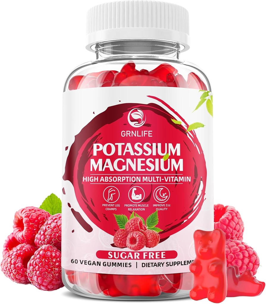 Supplément de magnésium de potassium Gommies, Gommies de potassium pour adultes Enfants, Magnésium à absorption élevée Glycinate pour les crampes des jambes et la santé immunitaire, sans sucre, arômes de framboises, 60 Nombre