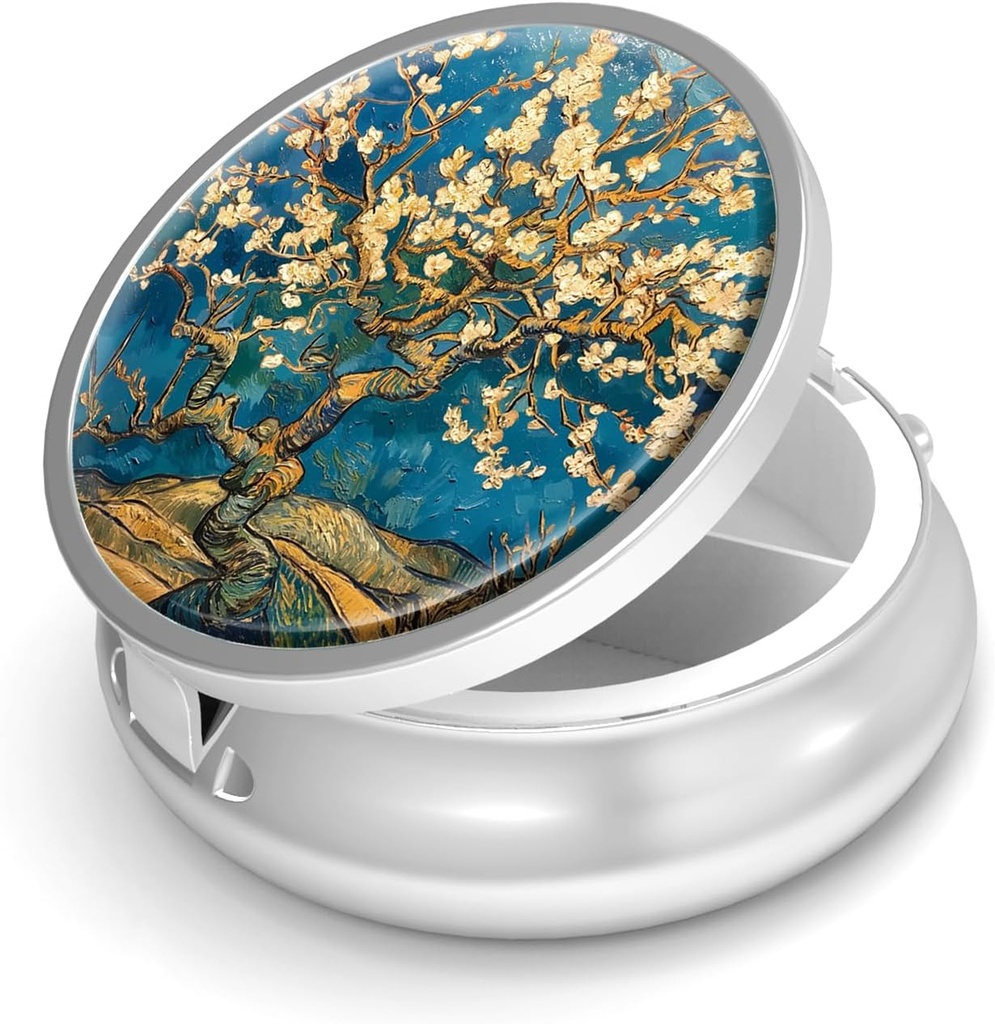 Pill Box-3 Compartiment petit étui de pilule pour la purse et la poche Mini porte-pilule en métal Conteneur de pilules de voyage pour tenir des suppléments Vitamines sans BPA (Almond Blossom-Van Gogh)