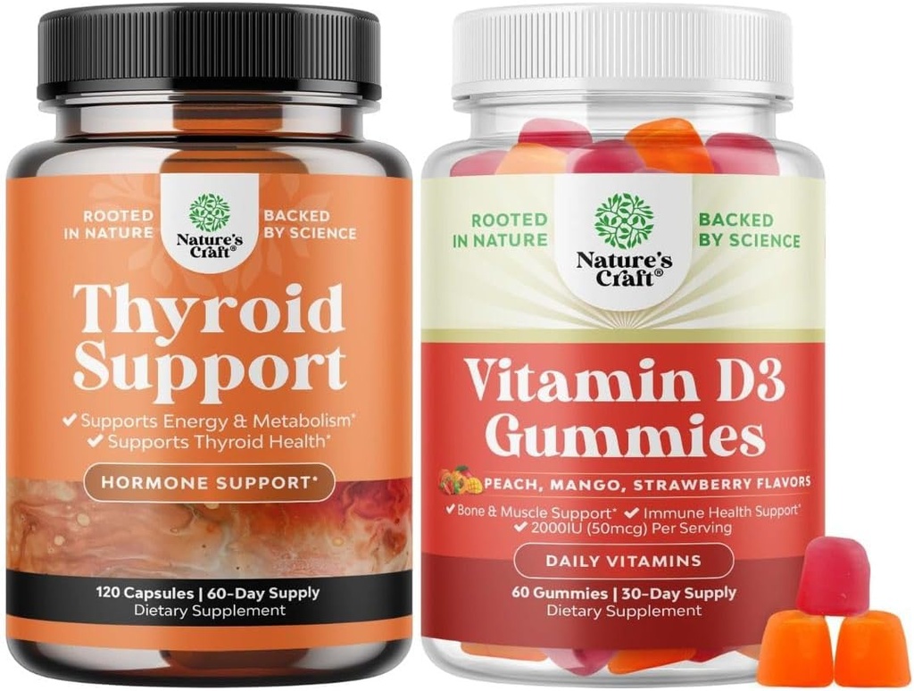 Ensemble de soutien à la thyroïde à base de plantes - Potent Kelp Iodine avec L Tyrosine, Bladderwrack, Selenium et pur Ashwagandha et vitamine D3 Gummies - Delicious D Adultes avec 2000UI par portion pour le muscle osseux