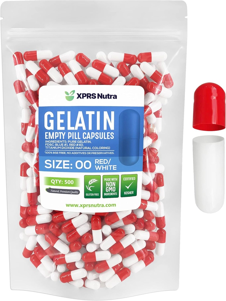 XPRS Nutra Size 00 Capsules vides - 500 Capsules de gélatine vides de compte - Remplissage de la gélule de bricolage - Capsules de gel de pilule rechargeables pour compléments Do-It-Youlf (rouge/blanc)