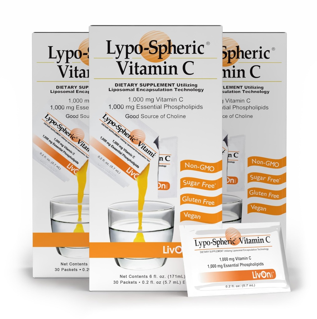 LivOn Laboratories Lypo–Spheric Vitamin C – 3 Cartons (90 Packets) – 1,000 mg Vitamin C & 1,000 mg Essential Phospholipids Per Packet – Liposome Encapsulated for Improved Absorption – 100% Non–GMO