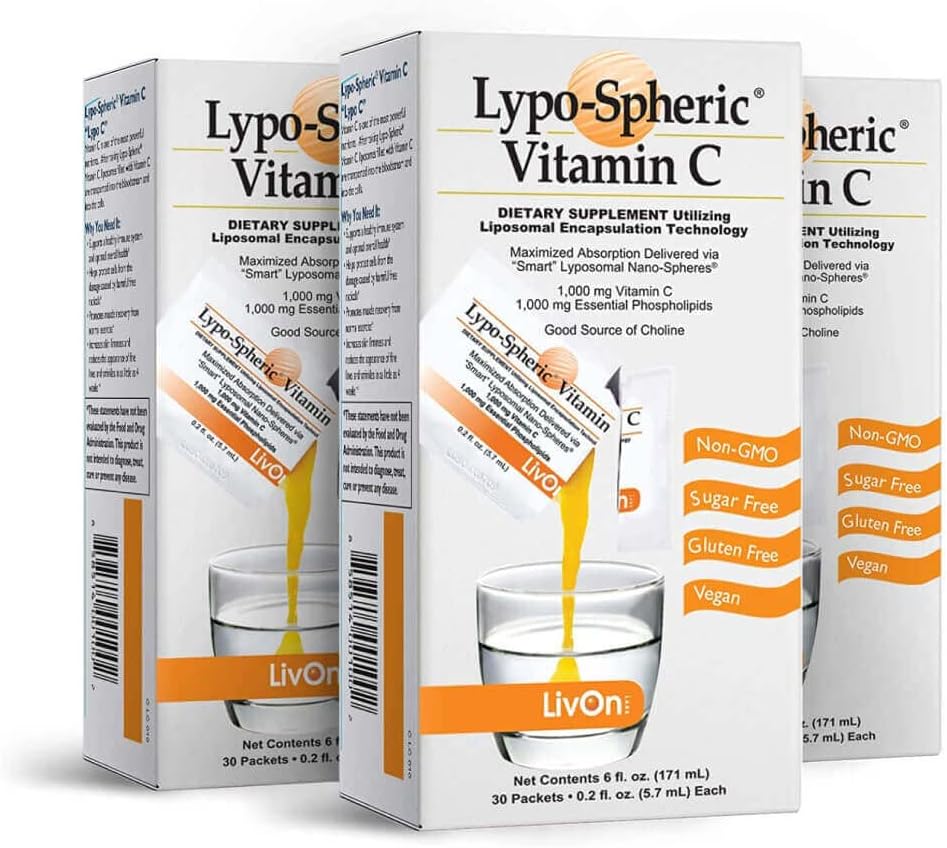 Livon Laboratories Lypo–Vitamine C sphérique – 3 Cartons (90 paquets) – 1 000 mg Vitamine C et 1 000 mg Phospholipides essentiels par paquet – Liposome encapsulé pour une absorption améliorée – 100% Non-OGM