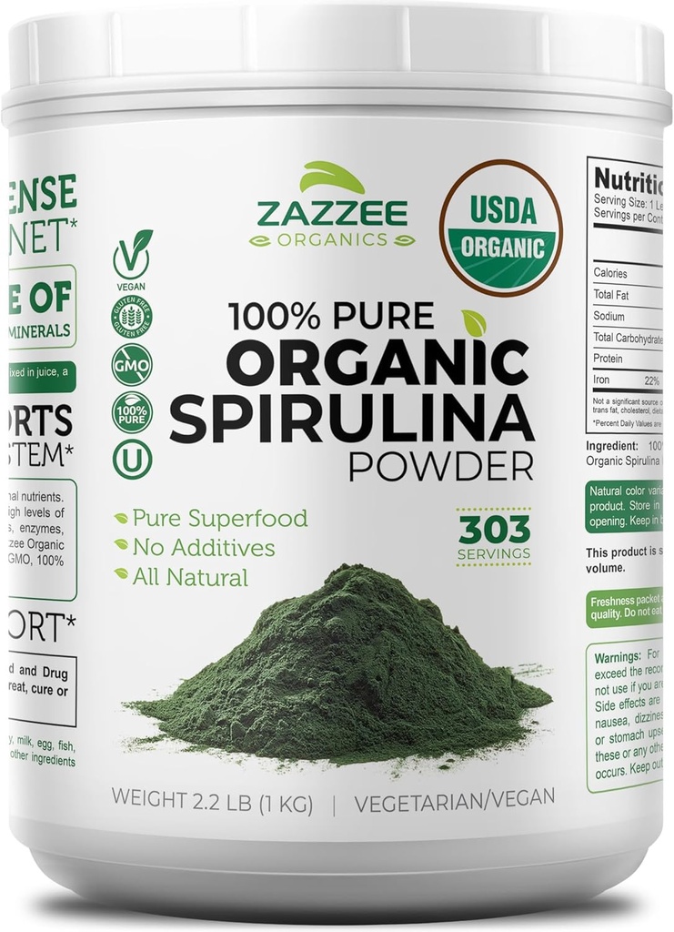 Zazzee poudre de spiruline biologique, 2,2 livres (1 KG), USDA certifié, 303 portions, Kosher, 100% pur, non irradié, contenant de bouche large sans mess, odeur fraîche et goût neutre, non-OGM, sans gluten
