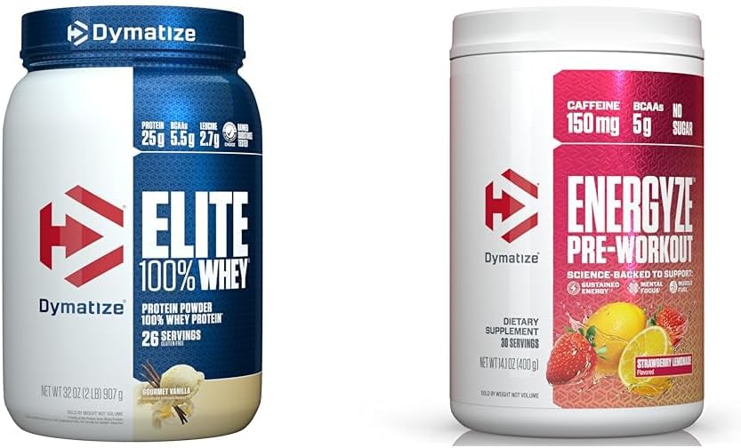 Dymatize Whey Protéines et pré-entraînement Combo, Elite 100% Whey Protéines Poudre Gourmet Vanilla 26 Servir, Energyze pré-entraînement Poudre pour hommes et femmes Fraise Lémonade Saveur 30 portions