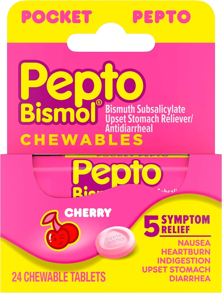 Pepto Bismol Pocket Comprimés à mâcher pour Nausées, Brûlures d'estomac, Indigestion, Estomac relevé et Diarrhée - 5 Symptômes de soulagement rapide, Cherry Flavor 24 ct