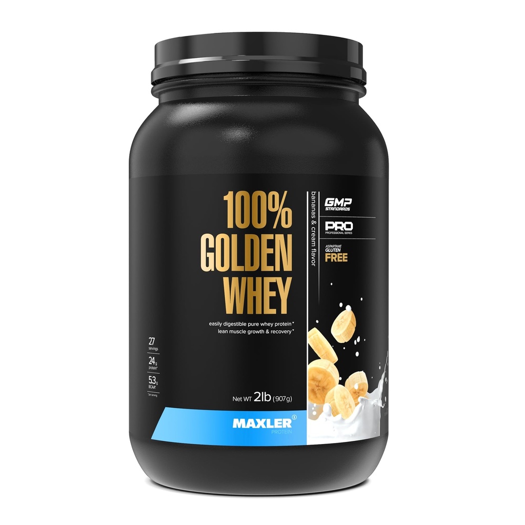 Maxler 100% Golden Whey Protein - 24g de protéines par portion - Premium Whey Protein Poudre pour pré-entraînement - Fast-Absorbing Whey Concentrate, Isolate & Hydrolysate Blend - Bananes & Crème 2 lb