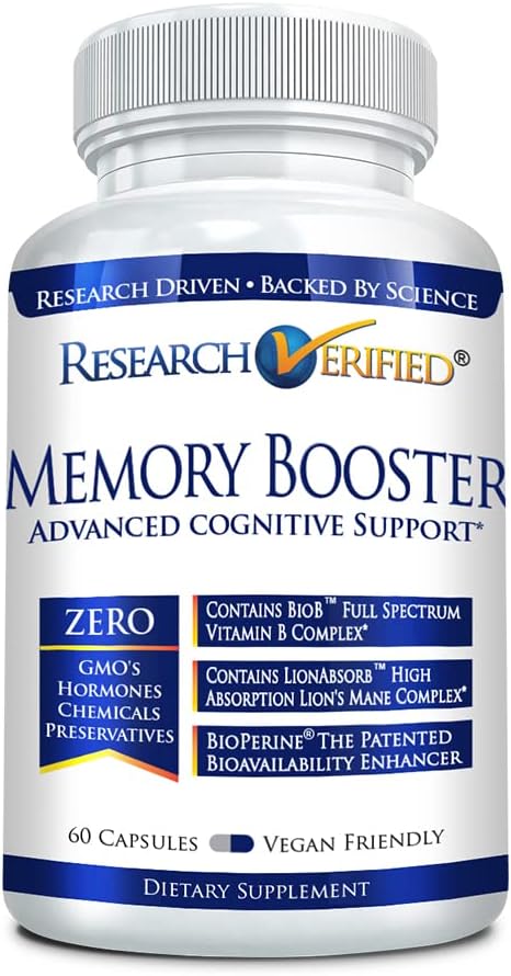 Research Verified Memory Booster - Nootropic Supplement - Améliorer la cognition et la mémoire - Lions Mane, Ginkgo Biloba, BioPerine - 60 Capsules - Non-OGM - Fabriqué aux USA