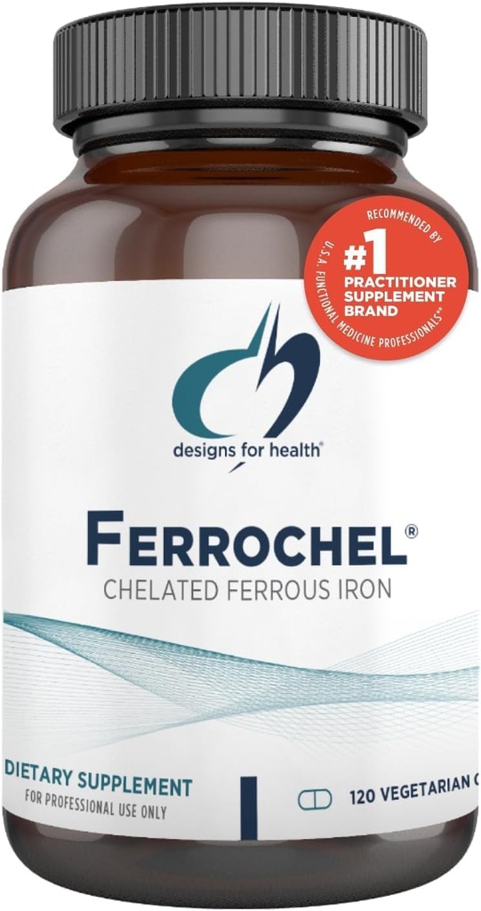 Designs for Health Iron – Vital for Energy Production, Immune & Cerveau Health, Ferrochel haute absorption de fer chélaté pour les femmes et les hommes en tant que chélate de bisglycin ferreux – grossesse sans danger (120 capsules véganes)