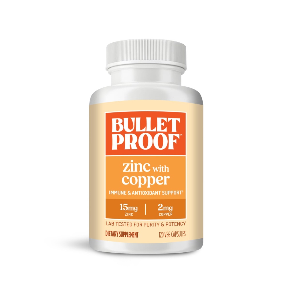 Zinc Bulletproof avec Capsules de Cuivre, 120 Compte, Minéraux et Supplément Antioxydant pour Immunité et Mood