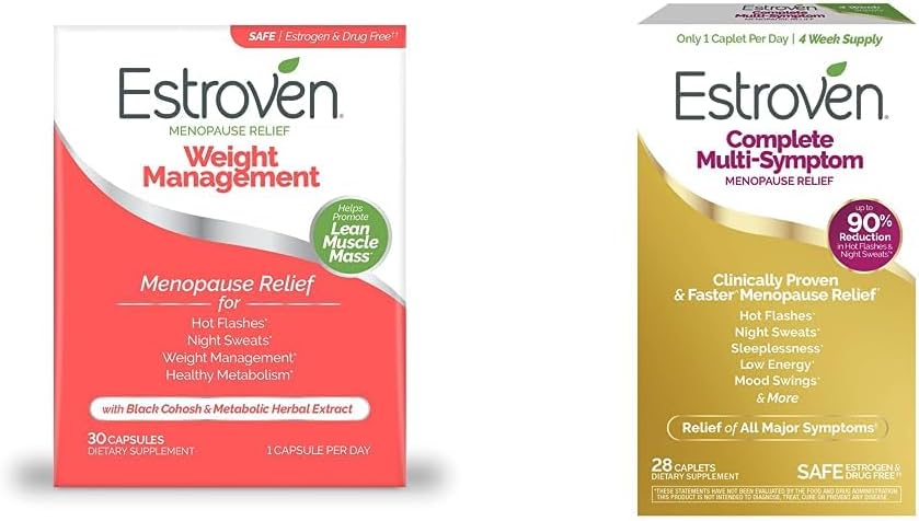 Gestion du poids d'Estroven pour le soulagement de la ménopause, fournir des sueurs de nuit et un soulagement flash chaud,30 CT + Supplément complet de la ménopause multisymptômes pour les femmes, 28 CT, sans médicament et non-OGM