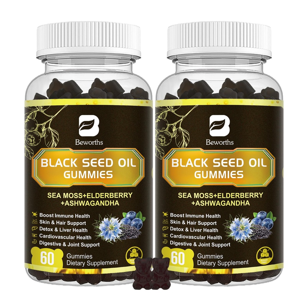 Huile de graines noires et de mousse de mer Gummies, 2Pack Irish Sea Moss Gummies avec huile de graines noires, extrait d'Ashwagandha, sureau, curcuma, vitamine C, vitamine D3 - soutien immunitaire, articulations, digestion, cheveux et peau
