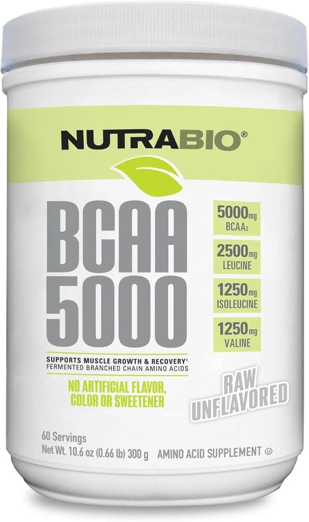 NutraBio BCAA 5000 Powder - Fermented Branched Chain Amino Acids for Muscle Growth & Recovery - Natural Flavors, Sweeteners, and Coloring, Vegan, Gluten Free - Unflavored, 60 Servings