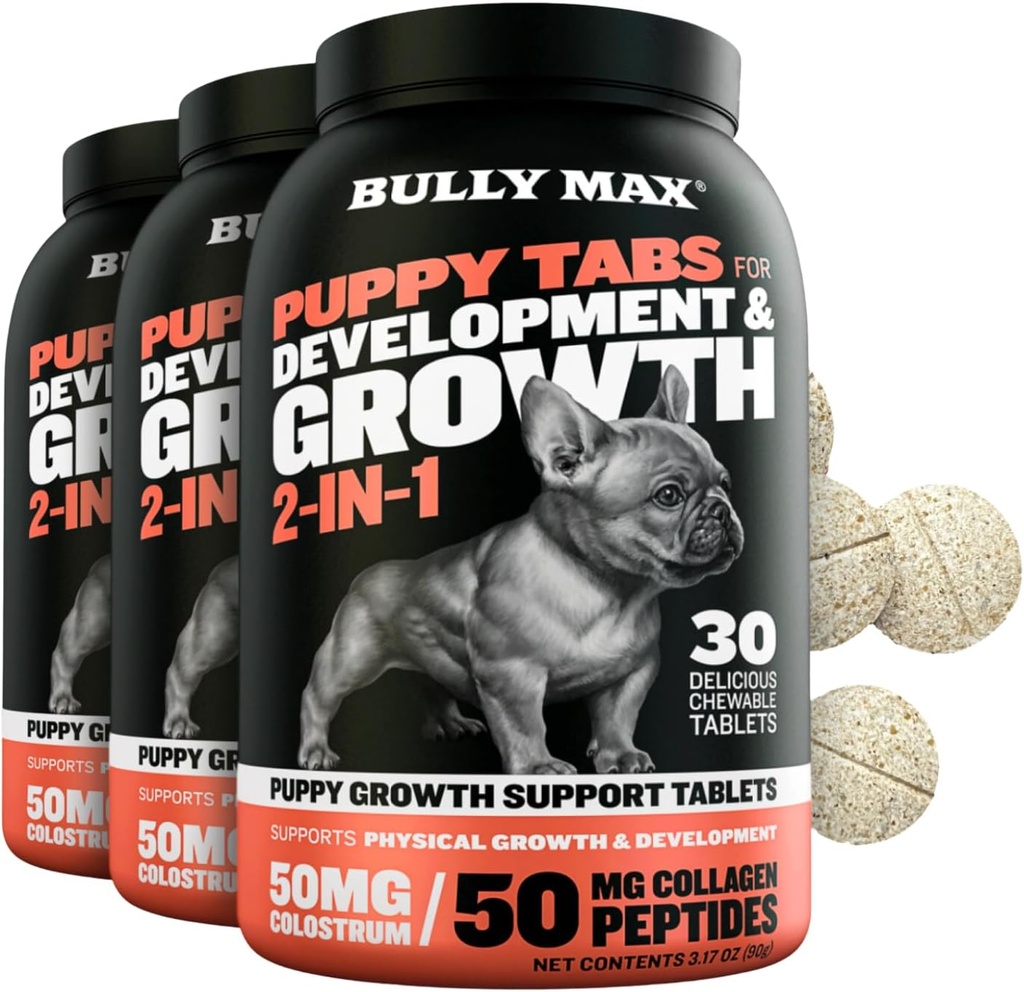 Bully Max 2-en-1 Vitamines pour chiots - 30 comprimés à croquer pour la croissance et le développement des chiots - Multivitamines et compléments pour chiens essentiels pour petits chiens et gros chiots de race - 3 bouteilles