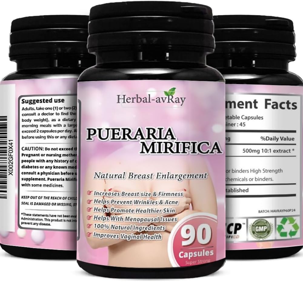 Pueraria Mirifica Capsules - Pilules naturelles d'amélioration mammaire pour les femmes - Pilules d'agrandissement mammaire - Croissance mammaire, santé vaginale, soulagement de la ménopause, santé de la peau et des cheveux - 90 Capsules Vegan