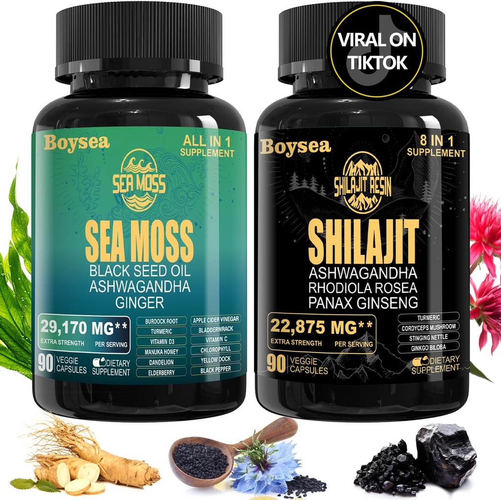 Geloo Superfood Supplement Bundle - 90 Count Sea Moss Capsules (Mousse de Mer, Huile de Graine Noire) et 90 Count Pure Shilajit Capsules (Shilajit, Ashwagandha) -1 Pack