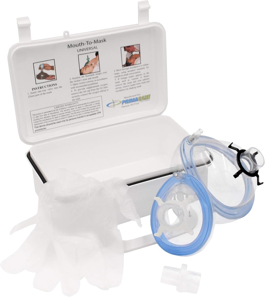 Primacare KC-1010 RPC Masque de sauvetage Kit de réanimation pour adulte et enfant avec bouche à bouche à valve à une voie pour l'oxygène supplémentaire] Boîtier mural/carry inclus