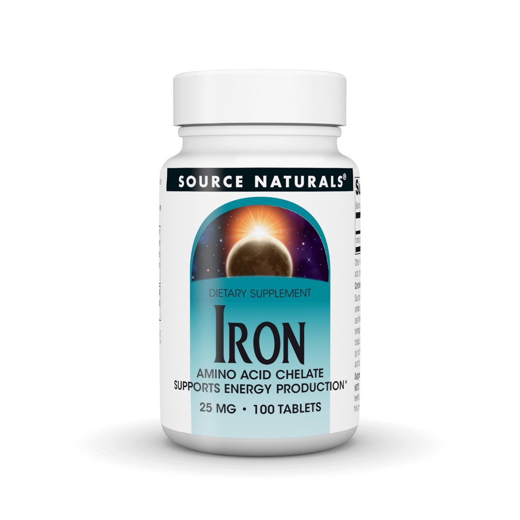 Source Naturals Fer, chélate d'acide amino - Supplément alimentaire qui soutient la production d'énergie - 100 comprimés