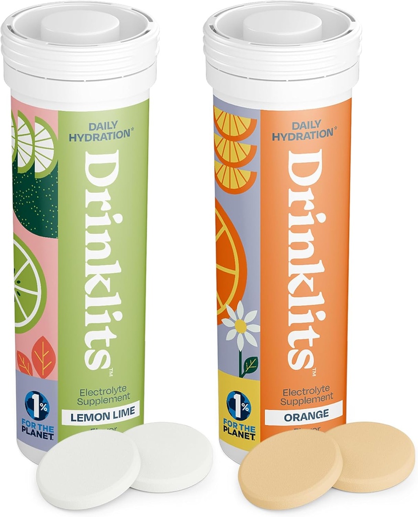 Drinklits Comprimés d'électrolyte citron-lime et orange (2) Bundle de tube de l'agrumes hydratation quotidienne Pack de combos – 0g de sucre – utilisation quotidienne de 20 portions - 10 comprimés par tube