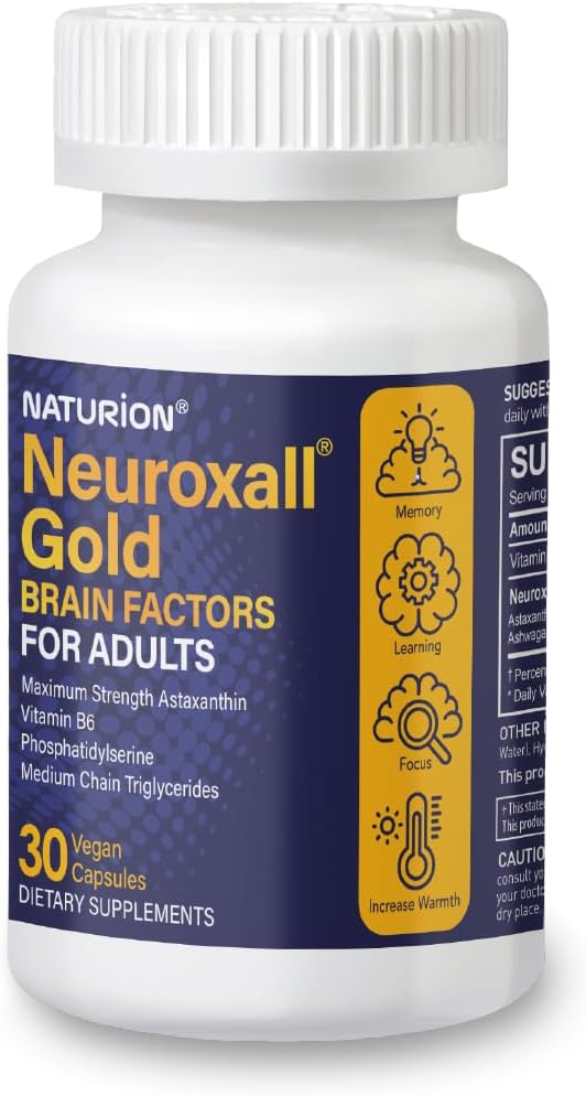 Neuroxall Gold Cerveau Facteurs pour les adultes - Soutien cognitif et mental avec vitamine B6, Astaxanthin, Ginkgo Biloba, Ashwagandha & Turmeric & - 30 capsules végétaliennes, 30 jours d'approvisionnement