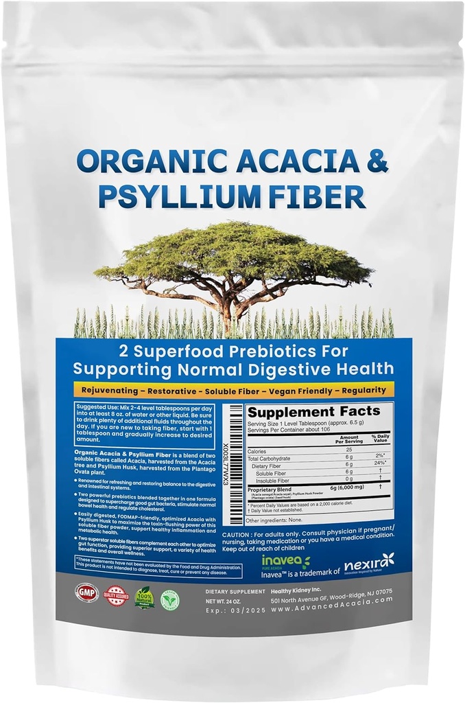 Acacia & Psyllium Husk Fibre Poudre 2 Bio Soluble Fibre Digestion Restaurer les nutriments Gut. Poudre biologique de Psyllium et d'acacia biologique IBS, Gut de fuite 1,5 Ibs (24oz)