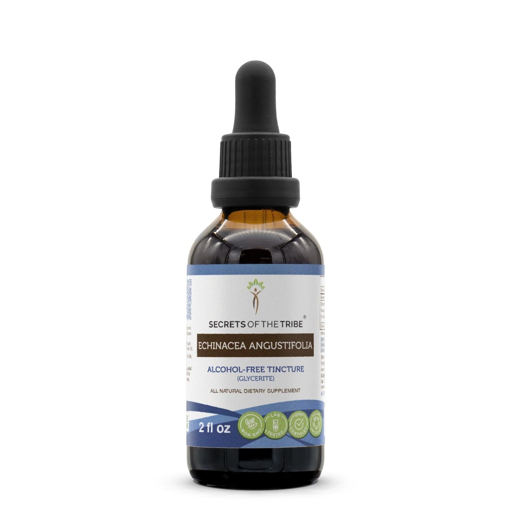 Secrets de la tribu Echinacea Angustifolia Tecture Extrait liquide sans alcool d'élevage responsable Echinacea Angustifolia Racine séchée (2 FL OZ)