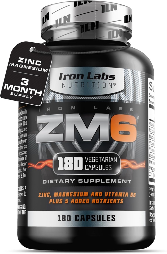 Iron Labs ZM6 – 3 mois d'approvisionnement – supplément d'aspartate de magnésium de zinc – 180 capsules végétariennes – suppléments de magnésium et de zinc pour hommes et femmes