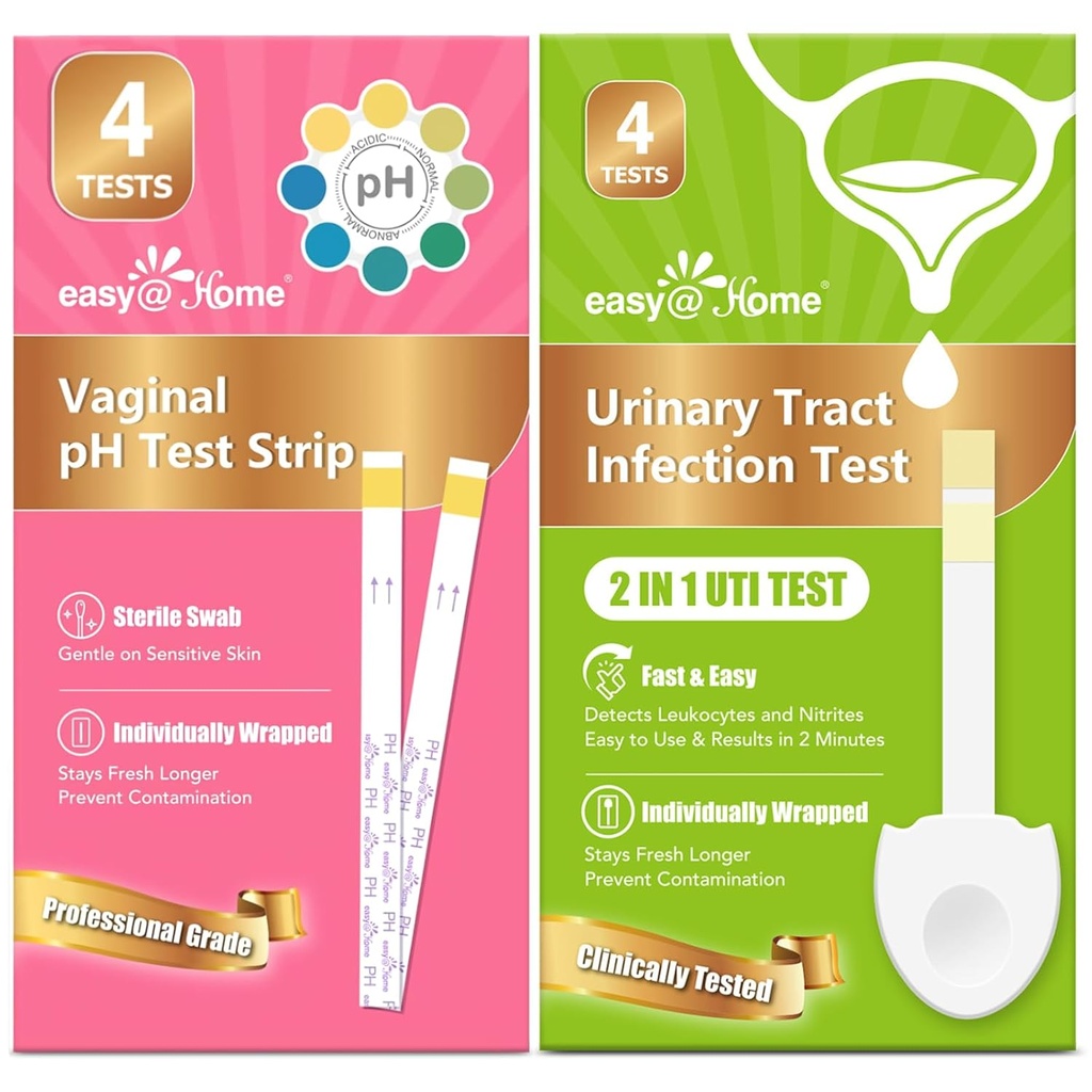 Easy@Home Bandes de test du pH vaginal et trousses de test UTI (8 comtes) : Infection des levures, BV, tests UTI pour les femmes, résultats rapides précis, 4 infections urinaires et 4 tests du pH féminin