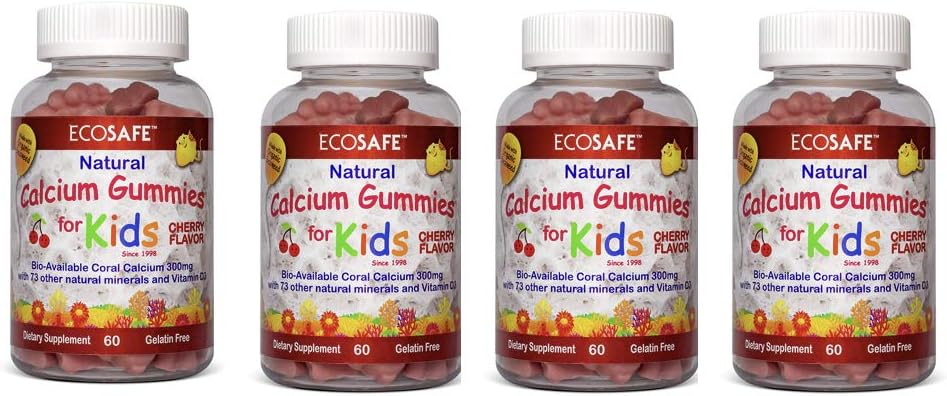 Calcium corallien Vitamine D3 Gummy pour enfants, saveur de cerise naturelle, non OGM, sans gluten, sans lait, sans soja et sans gélatine - 300 mg de calcium et 800 UI de vitamine D3-60 Gummies (4 paquets)