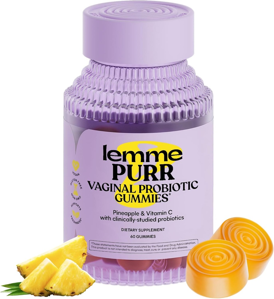 Lemme Purr Vaginal Probiotic Gummies for Women - Balanced pH, Healthy Odor, Yeast Balance & Flora Support + Vitamin C for Immune Health - Tasty Pineapple (60 Count)