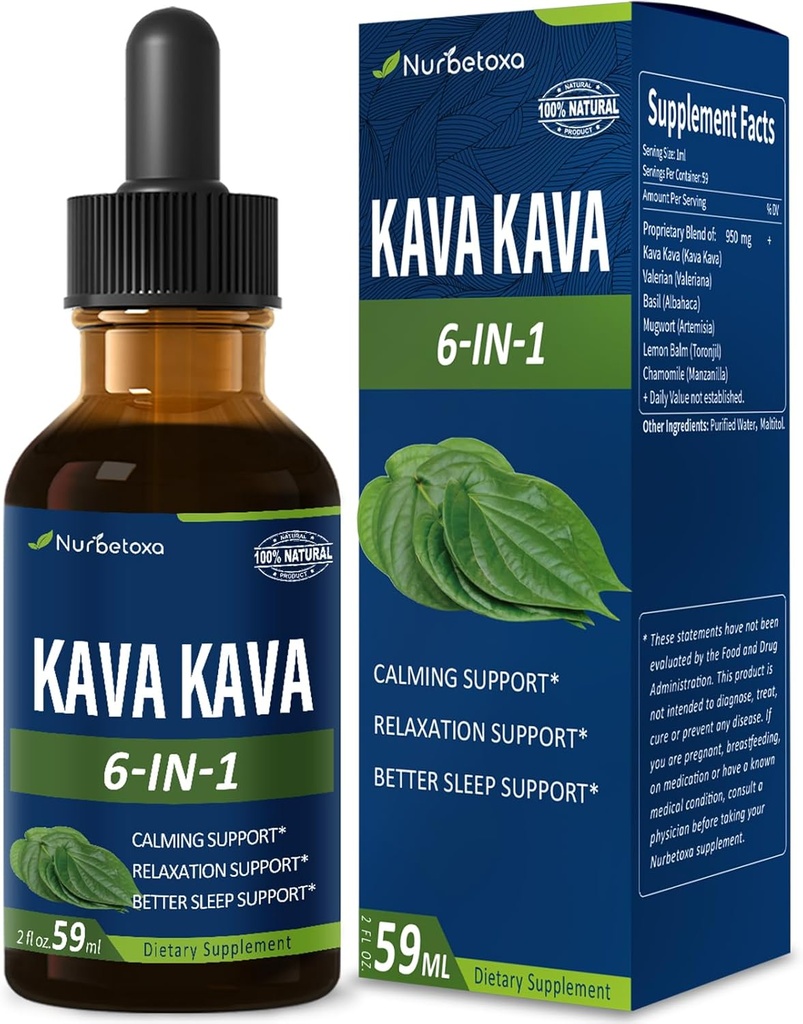 Kava Kava gouttes d'extrait de racine pour le calmant et le soutien de la relaxation, supplément de teinture à base de plantes naturelles pour un meilleur soutien du sommeil avec la racine valeriane, le baume citron et la camomille. 2 oz