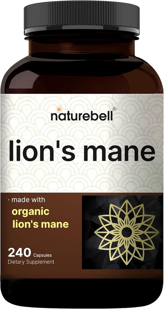 NatureBell Lions Mane Mushroom Supplément Capsules, 240 Capsules. 120 Jours d'approvisionnement – Fabriqué avec extrait de poudre de lion biologique – Cerveau cognitif Nootrope & Immune Soutien de santé – Non-OGM