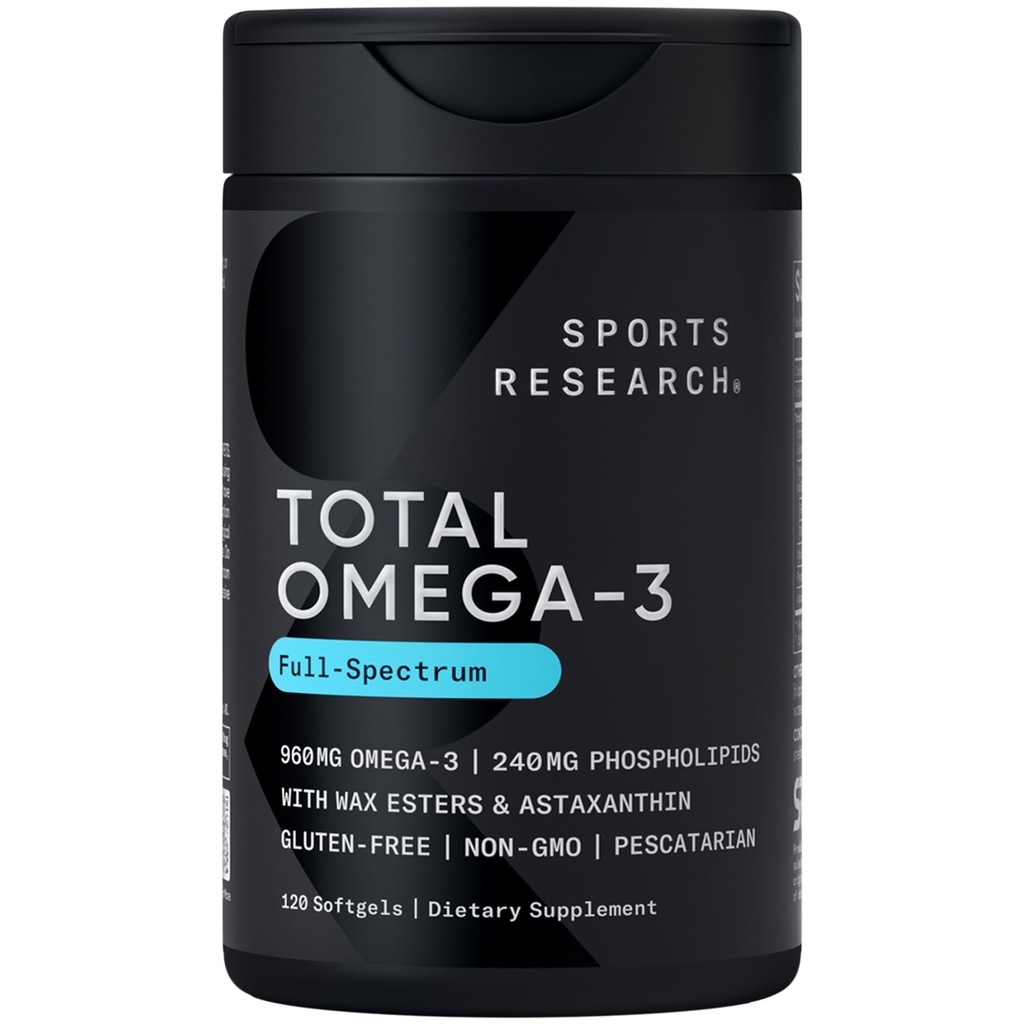 Sports Research® Total Oméga-3 Huile de poisson 2200mg - Fabriqué à partir de Krill antarctique avec/Astaxanthin, saumon rouge sauvage et Alaska Pollock - 960mg de EPA & DHA - 120 Softgels