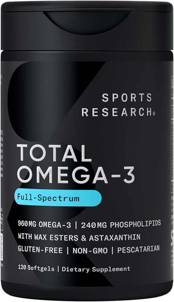 Sports Research® Total Oméga-3 Huile de poisson 2200mg - Fabriqué à partir de Krill antarctique avec/Astaxanthin, saumon rouge sauvage et Alaska Pollock - 960mg de EPA & DHA - 120 Softgels