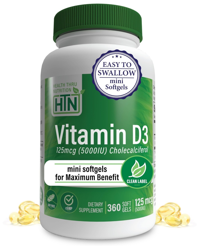 Santé Thru Nutrition Vitamine D3 5000iu 360 Mini Softgels pour l'offre maximale de l'année d'utilité $ 125mcg Cholecalciferol $ 3rd Party Tested $ Non-OGM USP Grade en bio EVOO.Immune Health Support