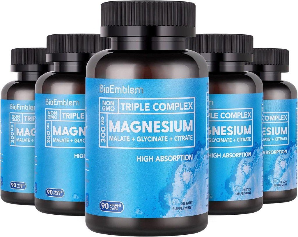 BioEmblem High Absorption Triple Magnesium Complex 300mg | Magnesium Glycinate for Nerves, Malate for Energy, Supplement to Support Muscle Health | Vegan, Non-GMO 450 Capsules
