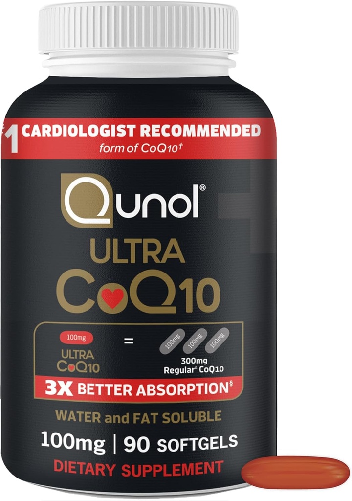 Qunol Ultra CoQ10 100mg Softgels- 3x Meilleure absorption, Antioxydant pour la santé cardiaque et la production d'énergie, Coenzyme Q10 Vitamines et suppléments, 3 mois d'approvisionnement, 90 Compte