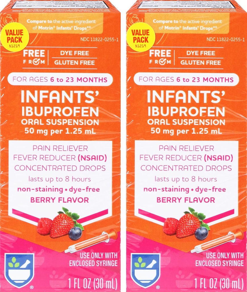 Rite Aid Infants' Dye-Free Ibuprofen Drops, Berry Flavor, 50 mg - 2 Value Pack | Infant Pain Reliever | for Babies Ages 6 to 23 Months | Oral Suspension 50 mg per 1.25 mL | Gluten Free