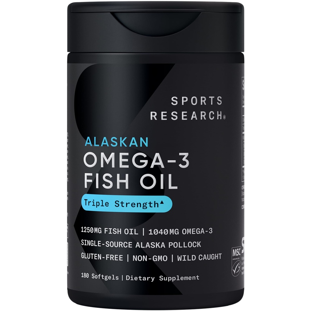 Recherche sportive Triple force Omega 3 Huile de poisson - Supplément d'huile de poisson sans Burpless avec acides gras de l'EPA et de l'ADH provenant d'une seule source Alaska sauvage Pollock - 1250 mg, 180 ct