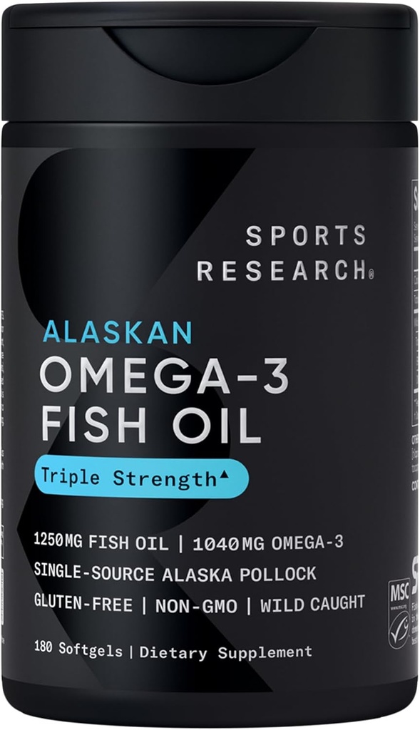 Sports Research Triple Strength Omega 3 Fish Oil - Burpless Fish Oil Supplement w/EPA & DHA Fatty Acids from Single-Source Wild Alaskan Pollock - 1250 mg, 180 ct