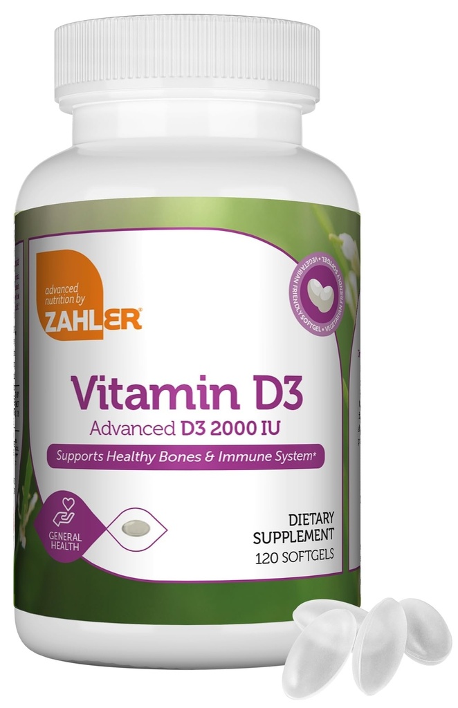 Zahler - Vitamine avancée D3 2000 UI Softgels (120 comte) Kosher Végétarien Vitamine D pour le soutien immunitaire, les os, les dents et la santé musculaire - Supplément Vitamine quotidien D3 pour les adultes - Easy Swallow V
