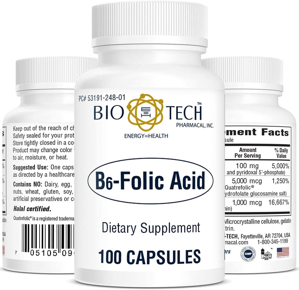 Bio-Tech Pharmacal Acide B6 folique, 100 capsules – Supplément tout naturel – Soutient la santé du système cardiovasculaire, osseux et nerveux – Pas de laiterie, poisson, gluten, arachide, mollusques, halal et soja – Non