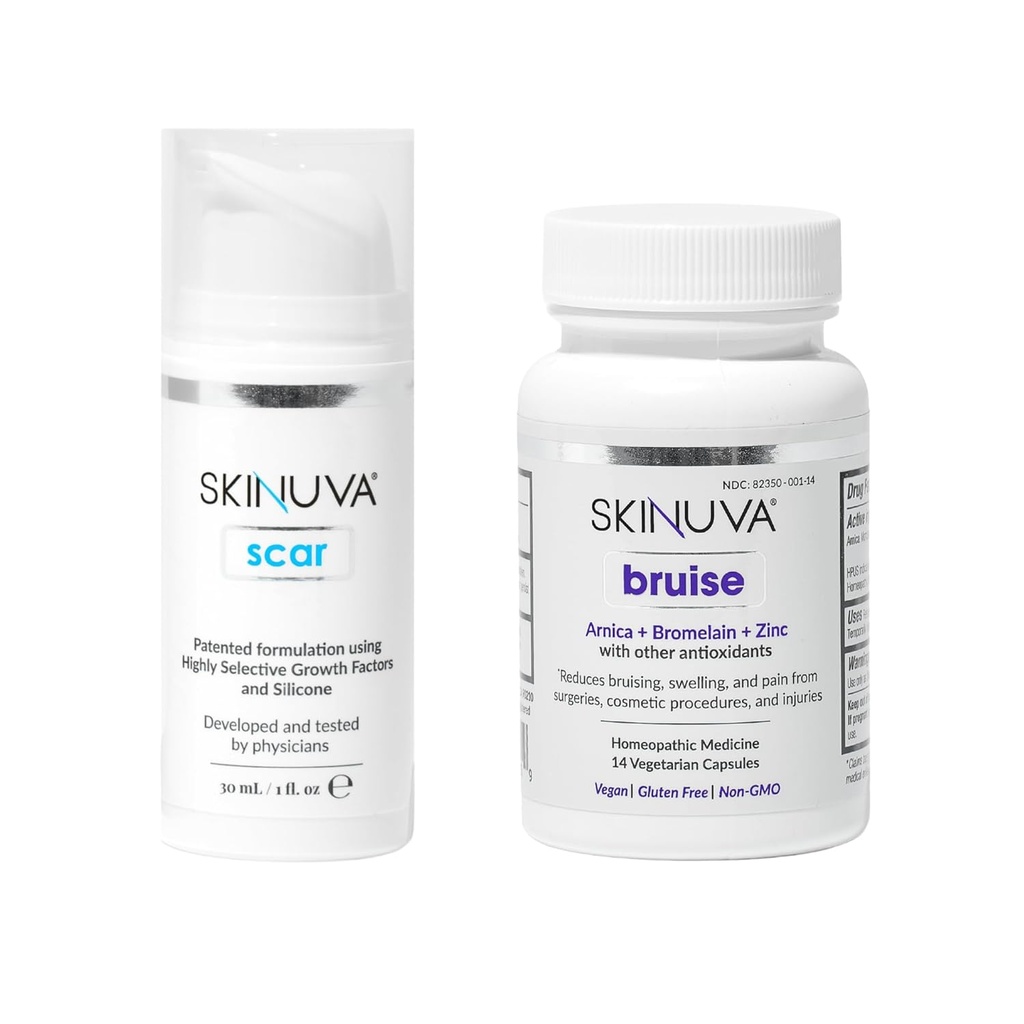 Skinuva® Scar (1 oz) & Bruise (14 capsules) - Crème de silicone évoluée avec facteurs de croissance et traitement homéopathique de l'humidité avec Arnica, Bromelain & Zinc