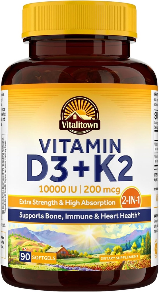 Vitalitown Vitamine D3 K2 Supplément, Vitamine D3 10000 UI Vitamine K2 (MK7) 200 mcg, 90 Softgels, Non-OGM, Pas de gluten et de soja, pour les os, les dents, l'Immune et la santé cardiaque