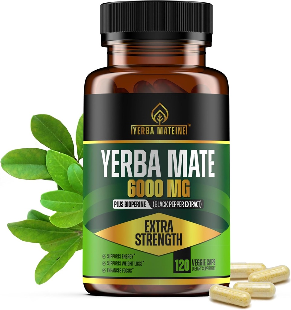 6000mg Extra Strength Yerba Mate High Potency, 60mg de caféine par gélule, Suppléments d'extraits pour l'énergie naturelle propre, meilleure concentration, nootropique, fabriqué aux États-Unis - 120 capsules